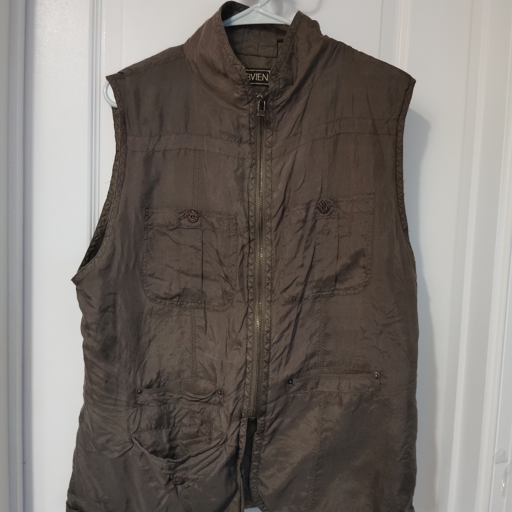 100% SILK LADIES ARMY GREEN VEST MEDIUM Y2K 90'S OUTDOOR HIKING VACATION RESORT
